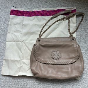 Tory Burch Tan Leather Purse with gold chain strap